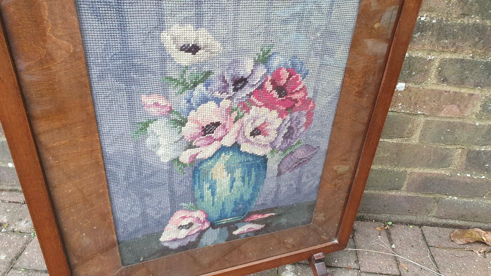 Imposing Vintage Pre War Mahogany Tapestry Fire Screen Guard Glazed photo for sale