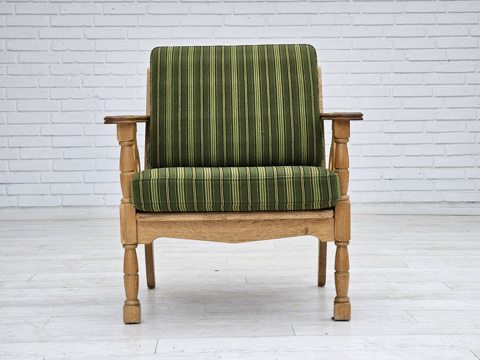 photo for sale 1970s, Danish Design, Oak Wood Armchair In Furniture Wool, Original Condition.