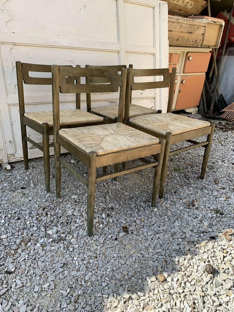 Rustic Wooden Dining Chairs With Straw Seats, 1970s, Set Of 4 photo Furniture