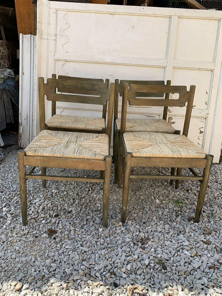 Rustic Wooden Dining Chairs With Straw Seats, 1970s, Set Of 4 photo 1659.0