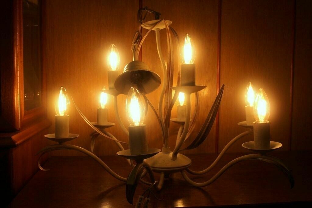 Italian Vtg Metal Tole Were Bouquet Flowers Chandelier Lamp 8 Lights 70 X 64 Cm photo vintage