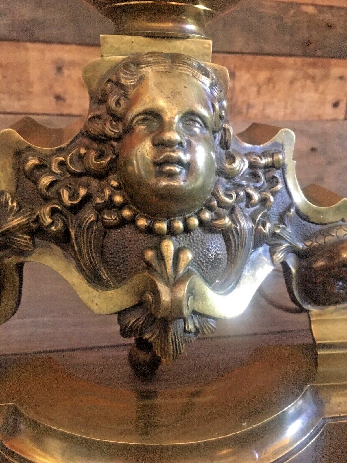 Grand Pair Of Antique Brass Putti Dolphin Fireside Andiron Table Lamps Fire Dogs photo vinterior