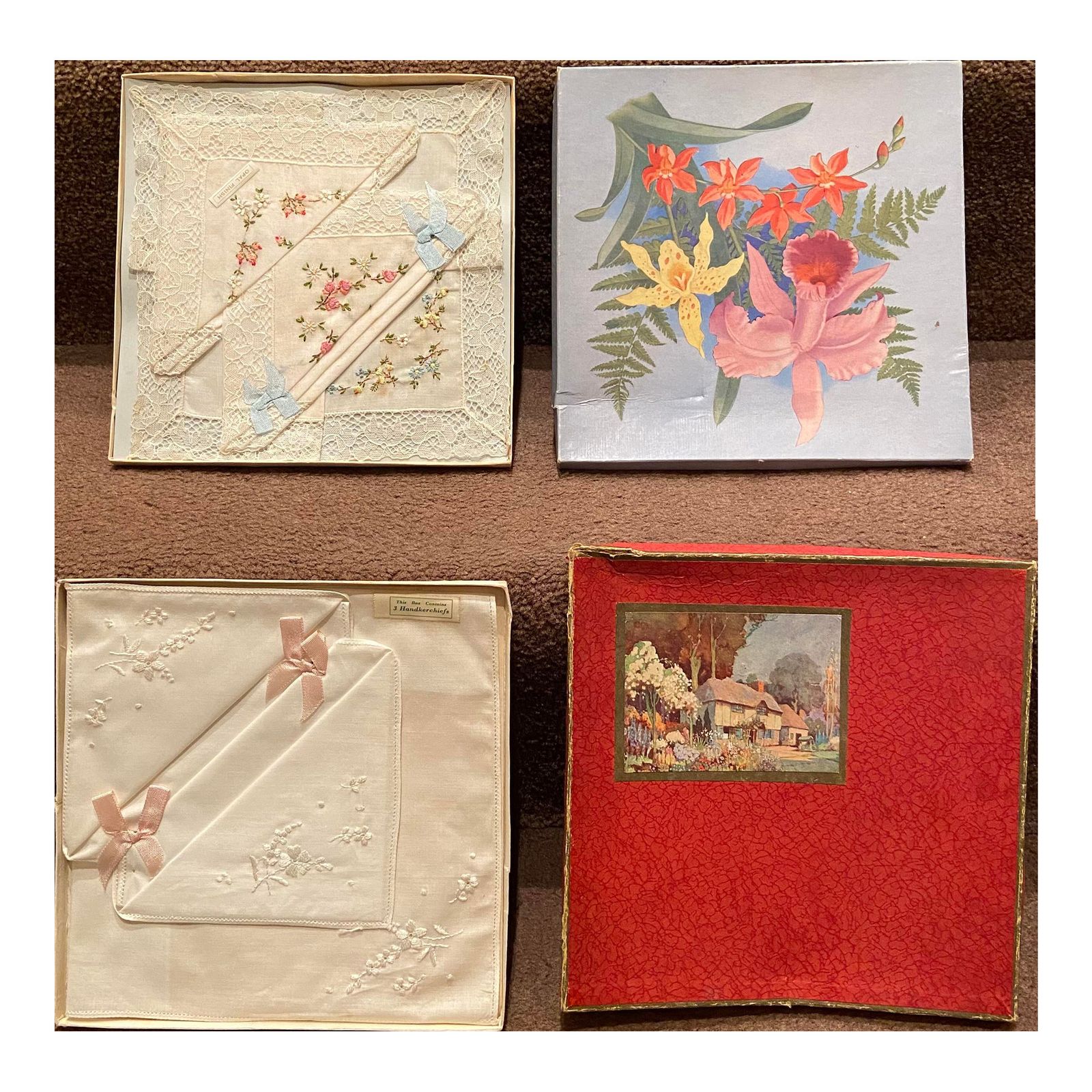Vintage Handmade Silk Embroidery Handkerchief With Manual Lace Edge  6 Pieces