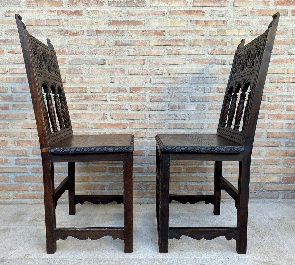 Early 20th Century Spanish Carved Chairs With Wood Seat, 1890s, Set Of 2 photo buy