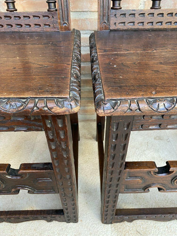 photo furniture Early 20th Century Spanish Carved Chairs With Wood Seat, 1890s, Set Of 2