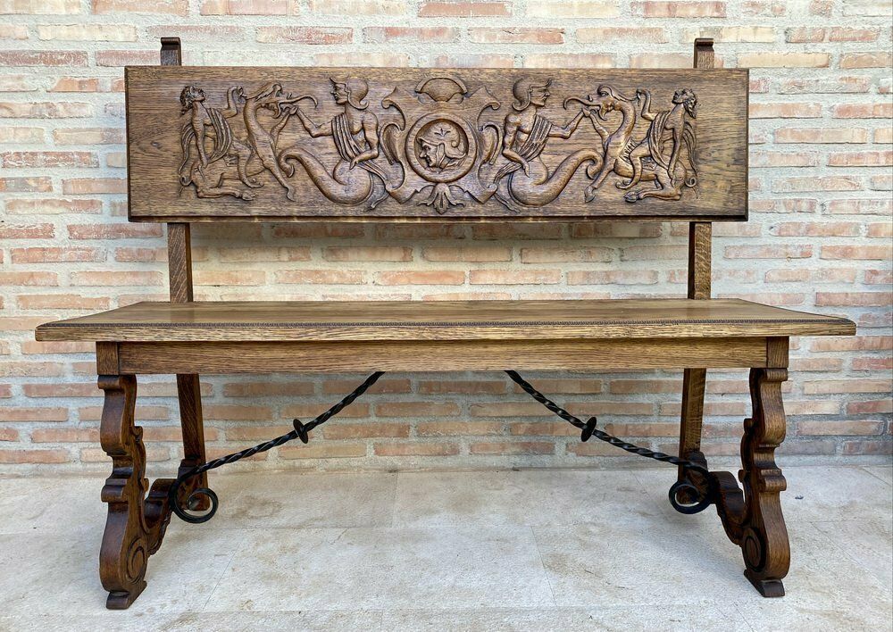 Spanish Renaissance Carved Oak Bench Banquette Escaño, 1890s