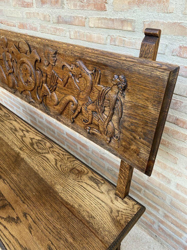 Spanish Renaissance Carved Oak Bench Banquette Escaño, 1890s photo furniture