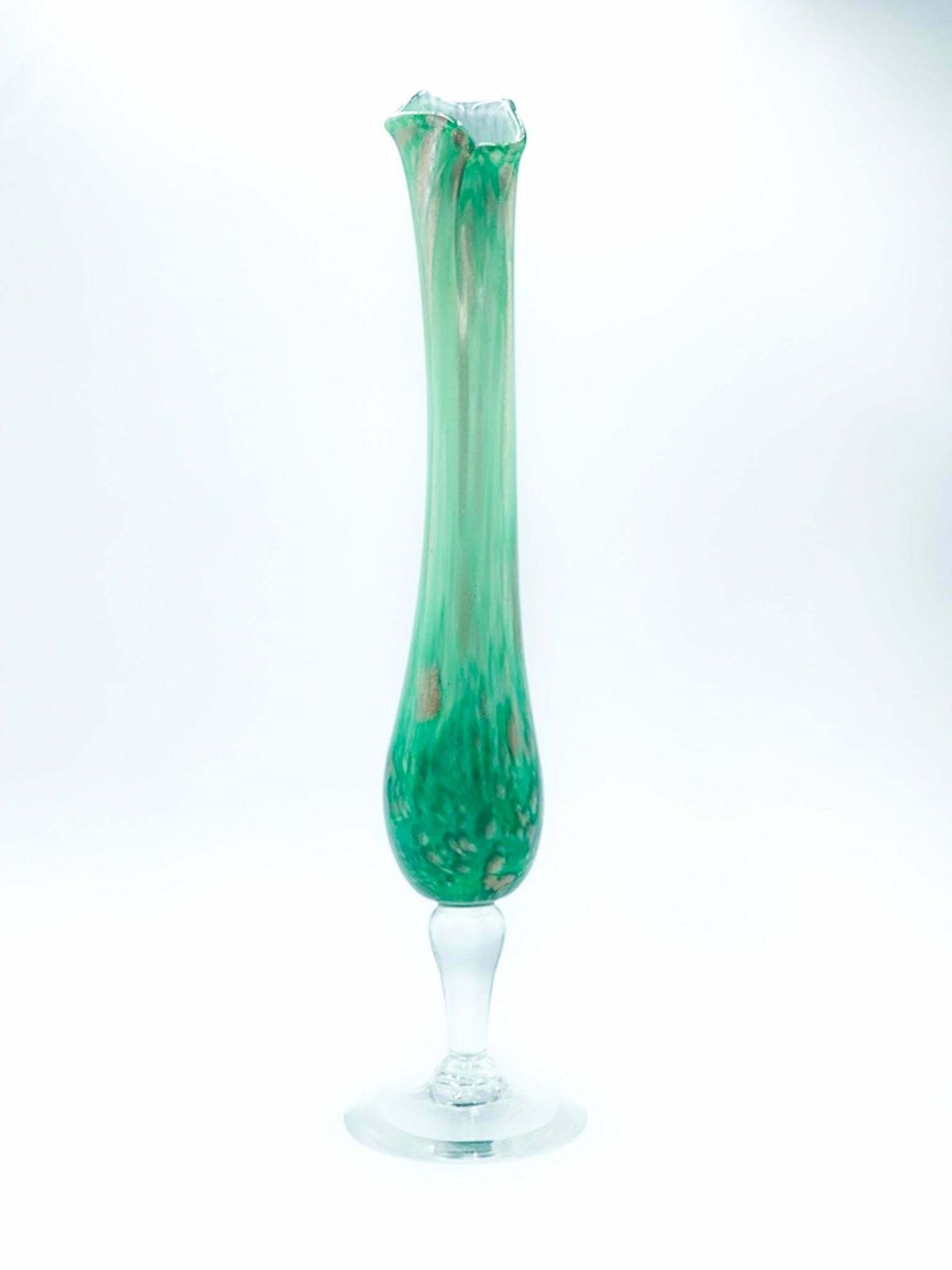 Single Flower Vase In French Green And Gold Glass From The 1960s