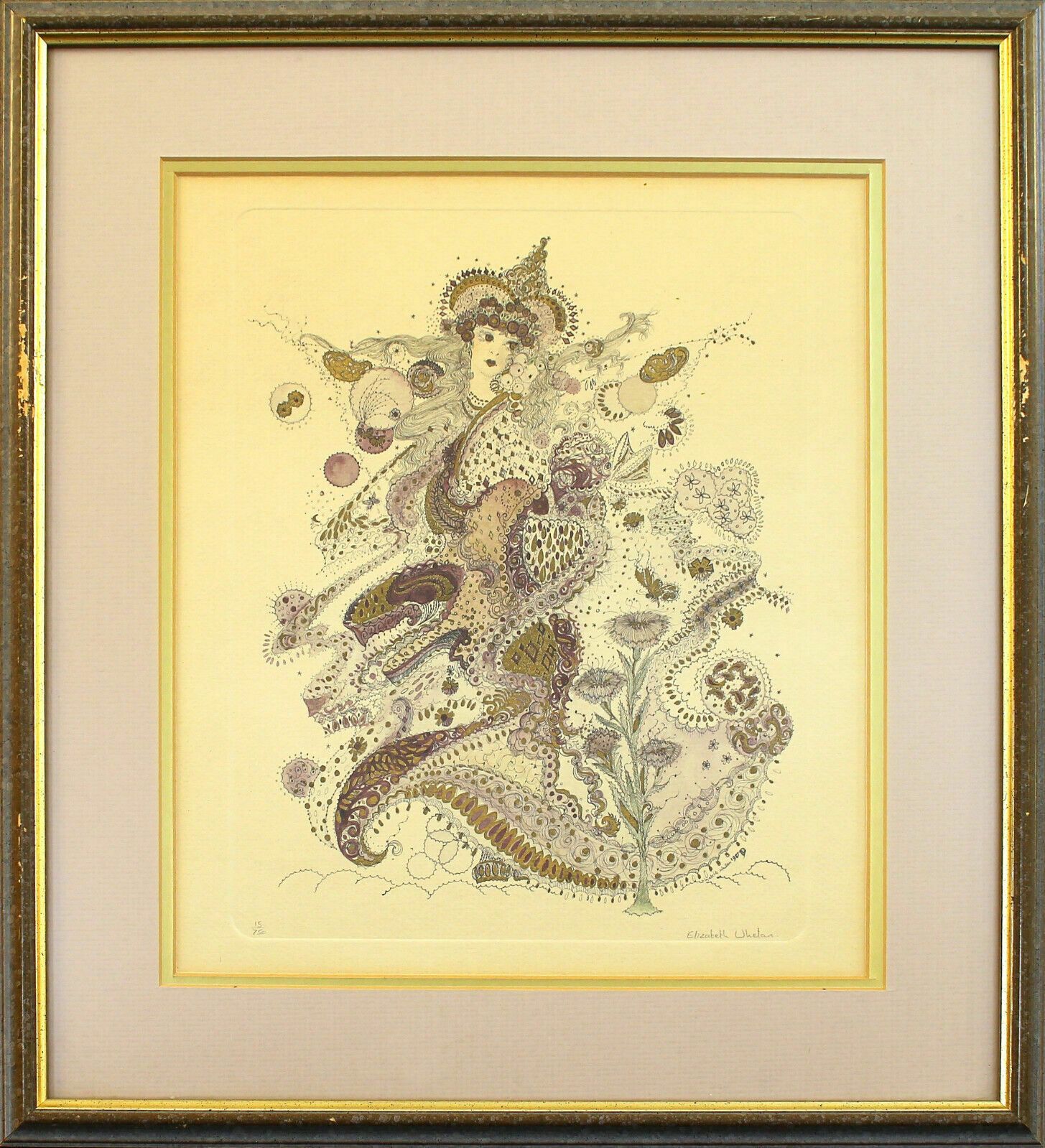 Hand Embellished Etching By Elizabeth Whelan . A Fairy With A Thistle.