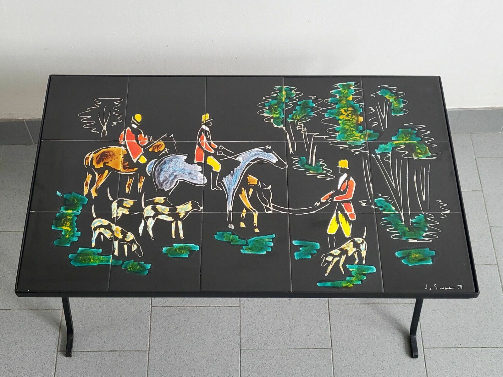 Coffee Table Vintage Side Table 1950 Ceramic & Metal Hunting 50s photo furniture