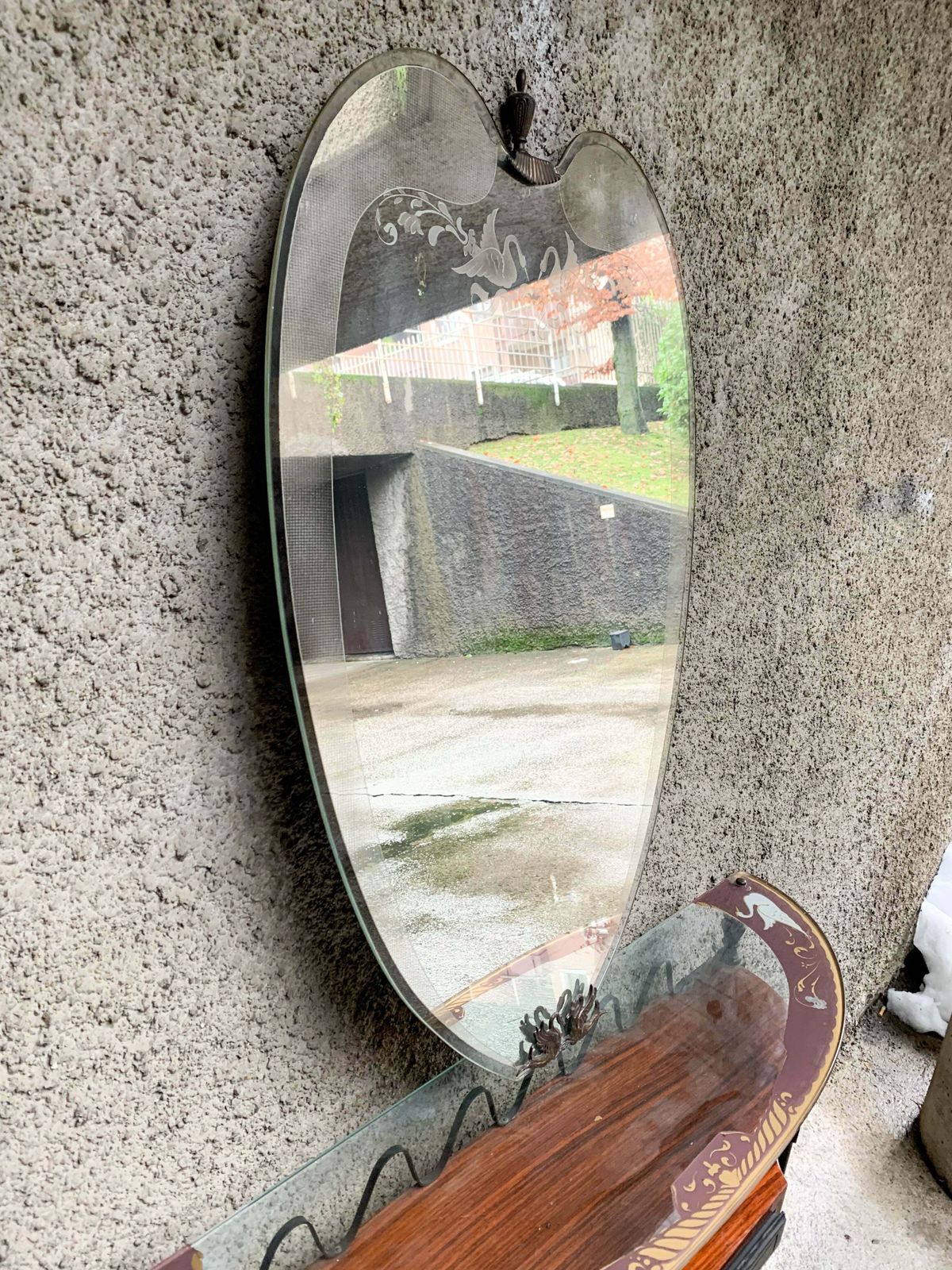 Console In Wood And Glass With 1950s Acid Etched Mirror photo Furniture