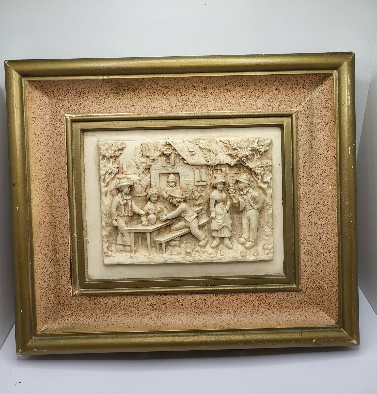 Rare Antique Carved Lava Stone Framed Panel Depicting The Engagement 1800s