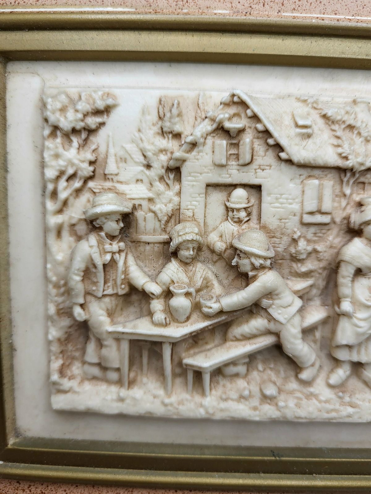 Rare Antique Carved Lava Stone Framed Panel Depicting The Engagement 1800s photo furniture
