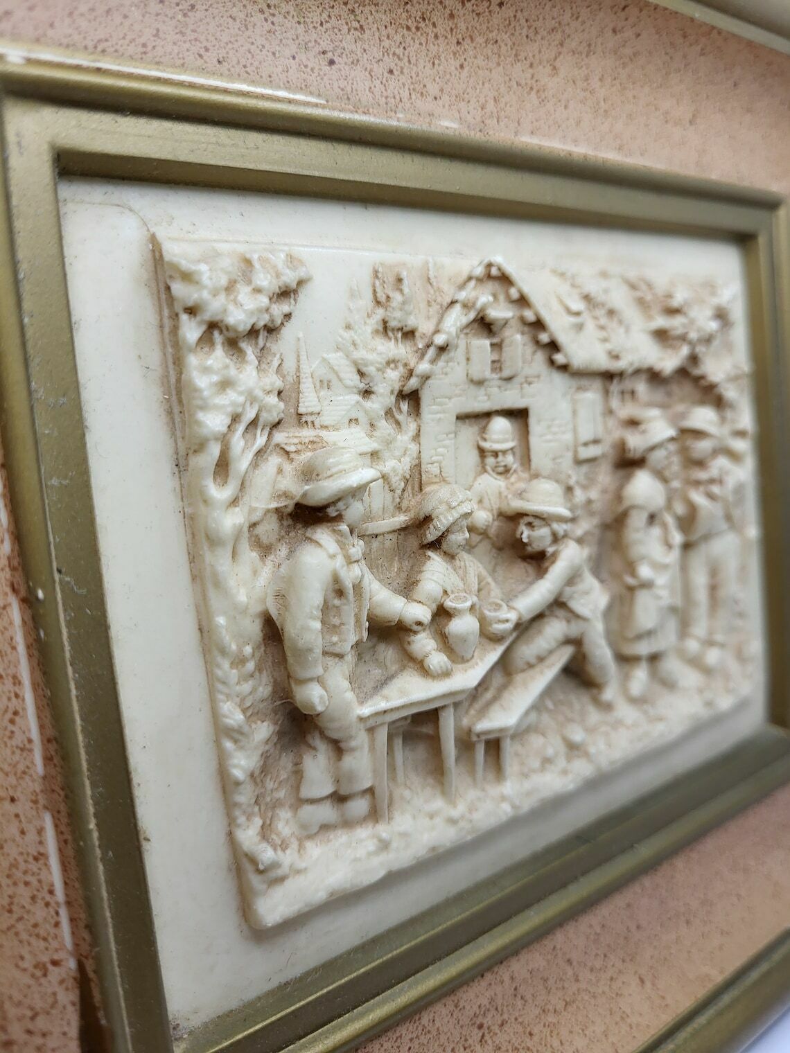 photo vintage Rare Antique Carved Lava Stone Framed Panel Depicting The Engagement 1800s