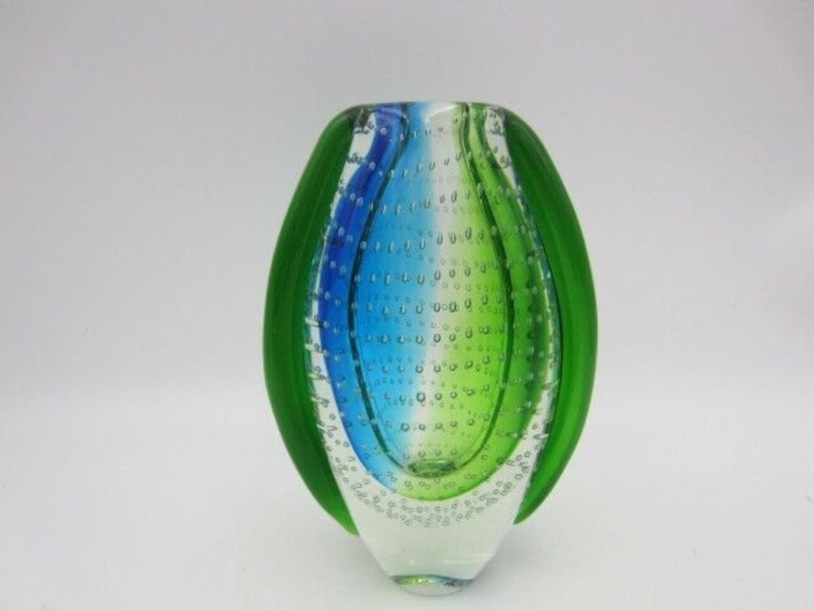 Heavy Oval Shaped Murano Sommerso Style Art Glass Vase Blues Greens & Bullicante