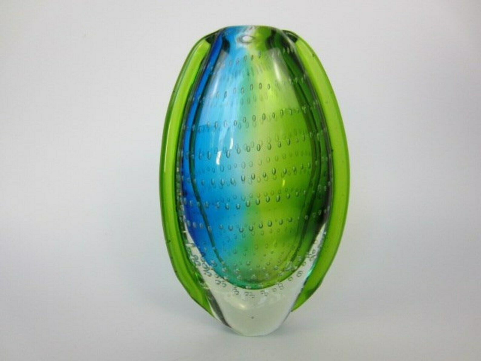 Heavy Oval Shaped Murano Sommerso Style Art Glass Vase Blues Greens & Bullicante photo Home Decor