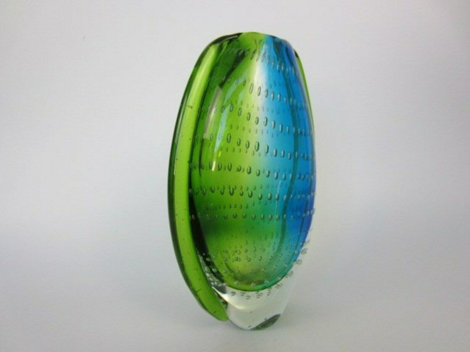Heavy Oval Shaped Murano Sommerso Style Art Glass Vase Blues Greens & Bullicante photo buy