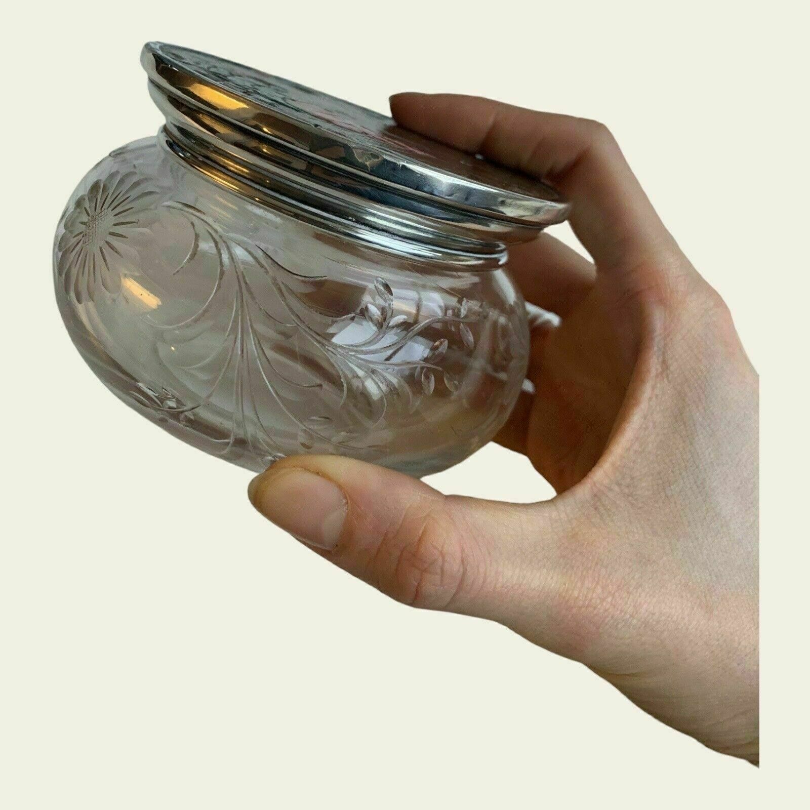 Gorgeous Glass Pot With Enamel Oriental Scene On The Lid And  Hallmarked Sterling Silver Lid photo furniture