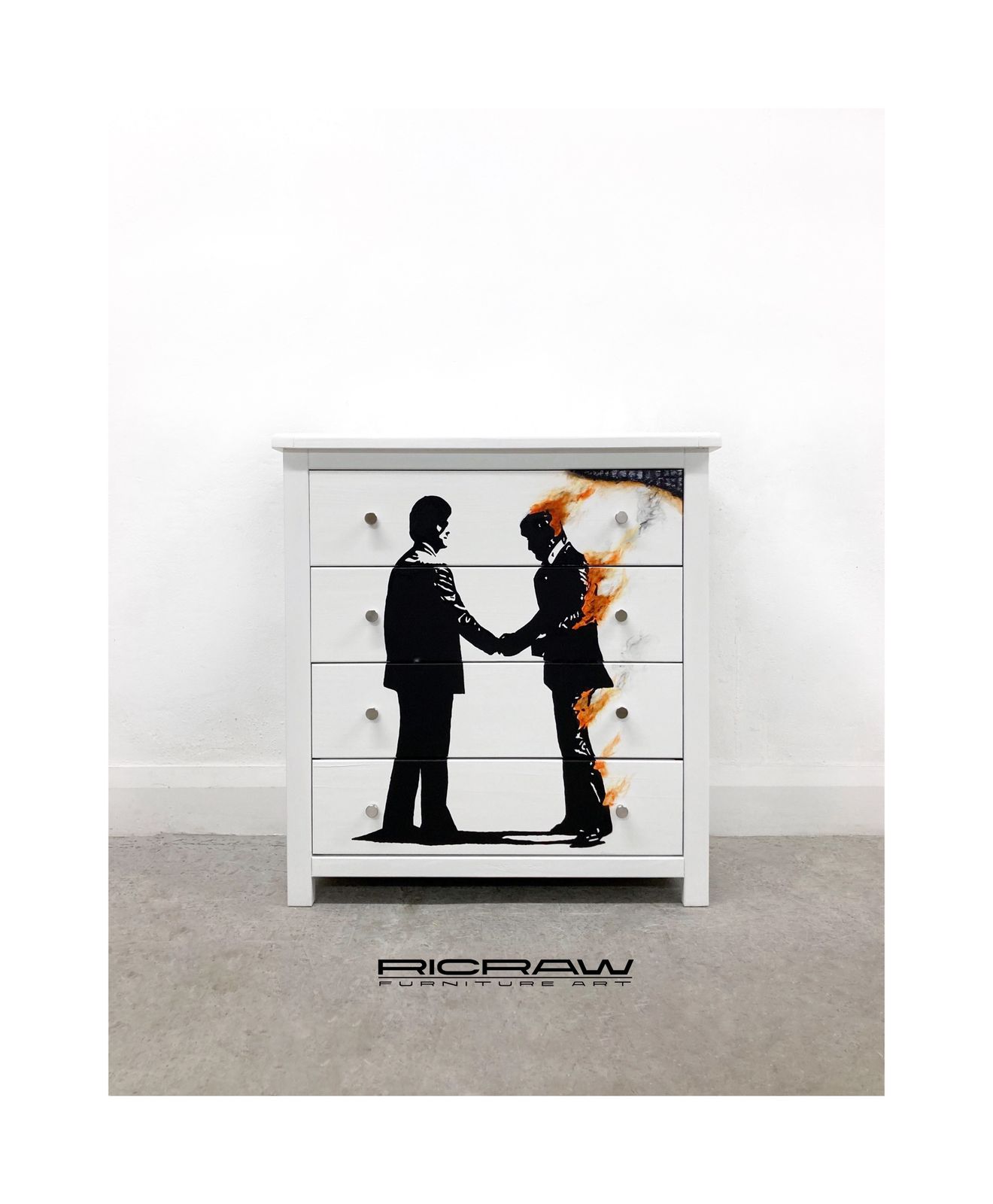 Chest Of 4 Drawers  Pink Floyd  Wish You Were Here  Art On Wood  Bedroom Furniture  White Chest Of Drawers  Hand Painted Drawers