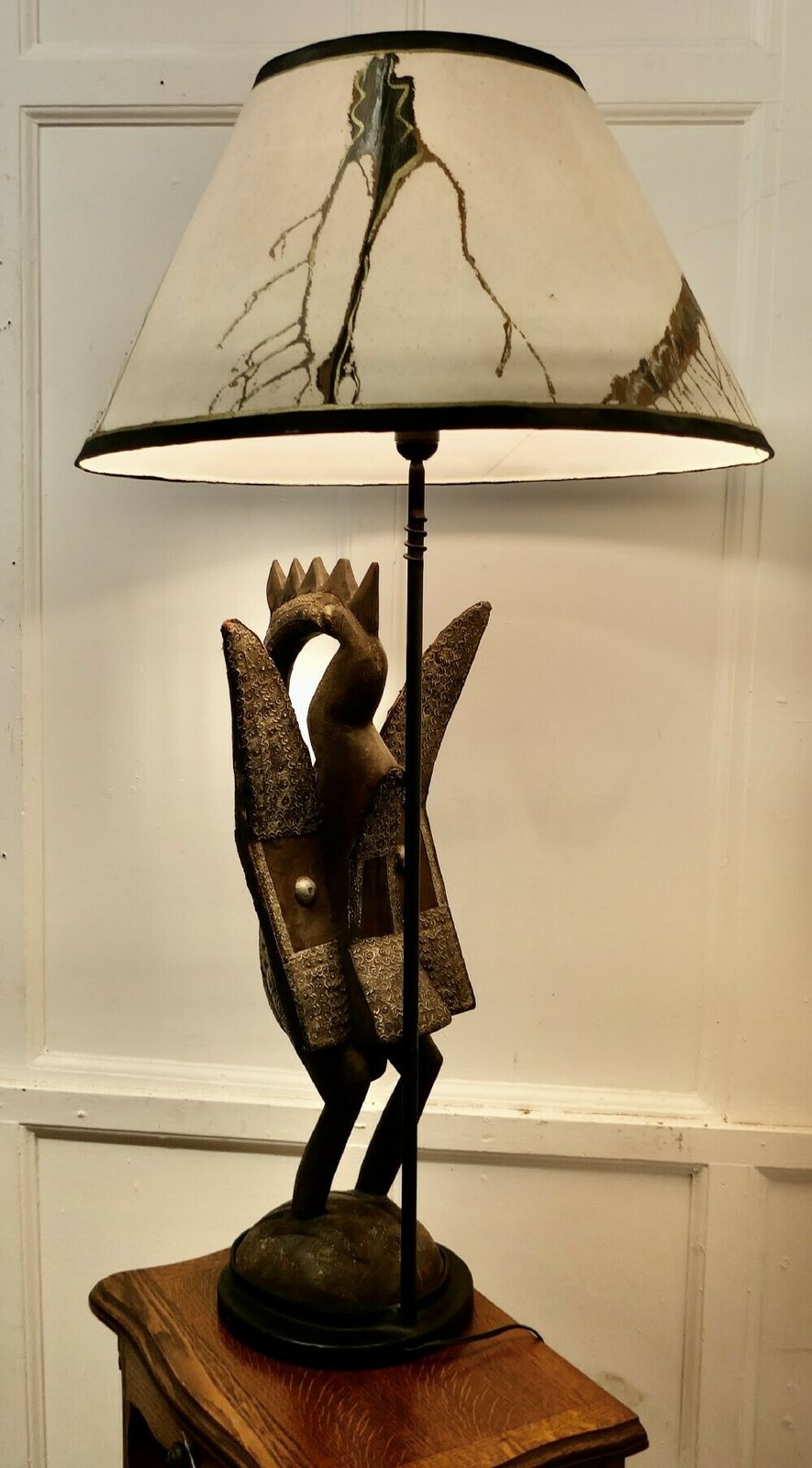 photo for sale African Senufo Bird Carved Wood Sculpture, Set As A Tall Lamp