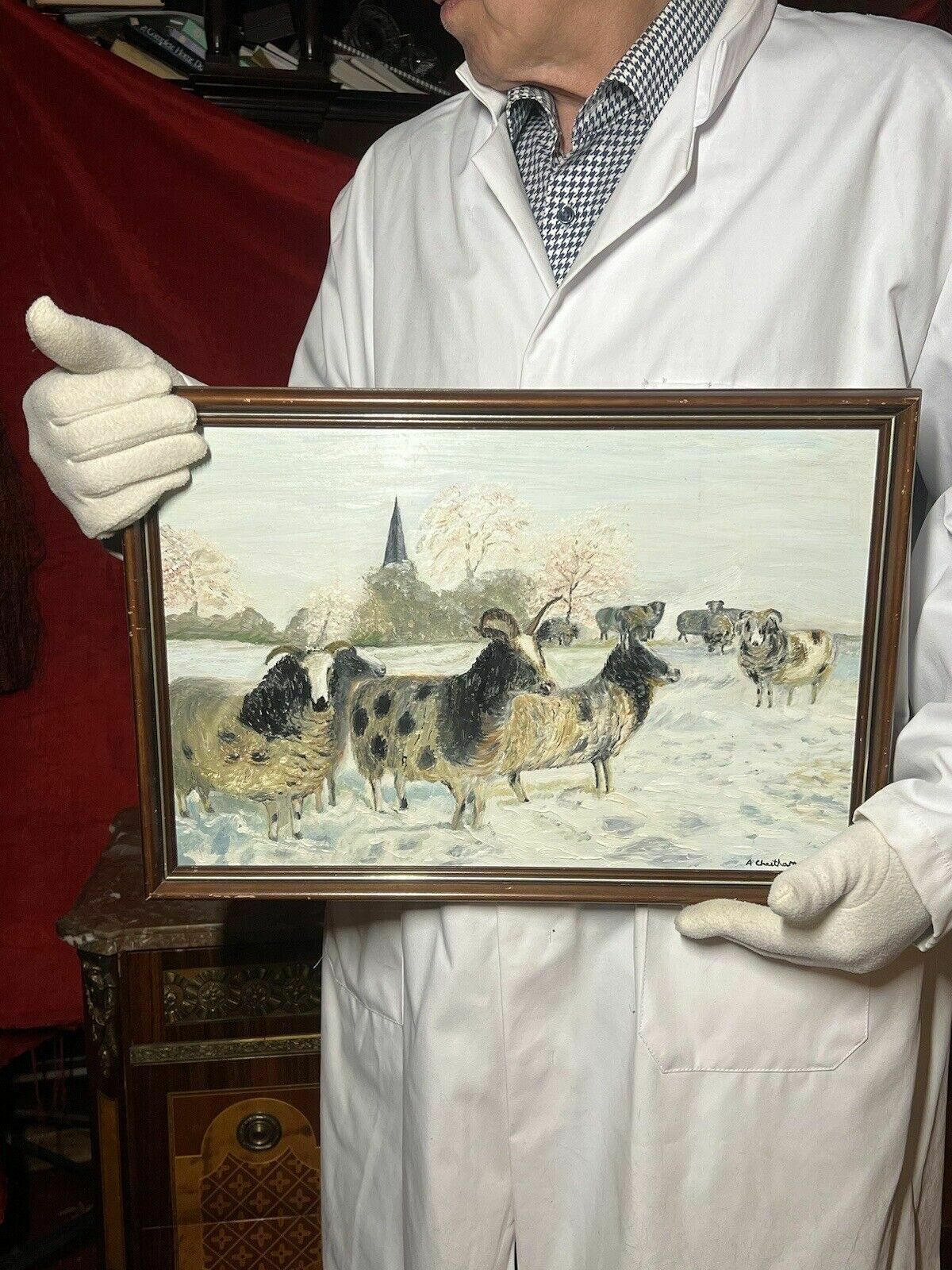 British Contemporary Artist A Cheetham Horned Ewes In Winter Landscape photo for sale