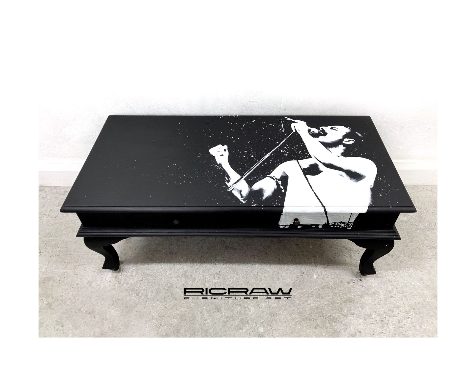 Coffee Table. Freddie Mercury ‘I Want To Break Free’. Hand Painted. Solid Mahogany. Black & White Coffee Table. Lounge Furniture.