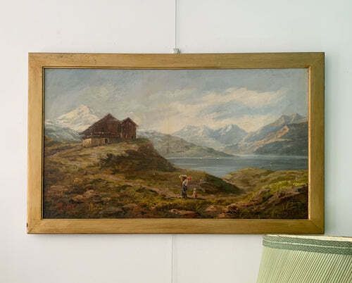 Oil Painting On Canvas Of A Lake Landscape By Adolfo Polaroli, 1920s