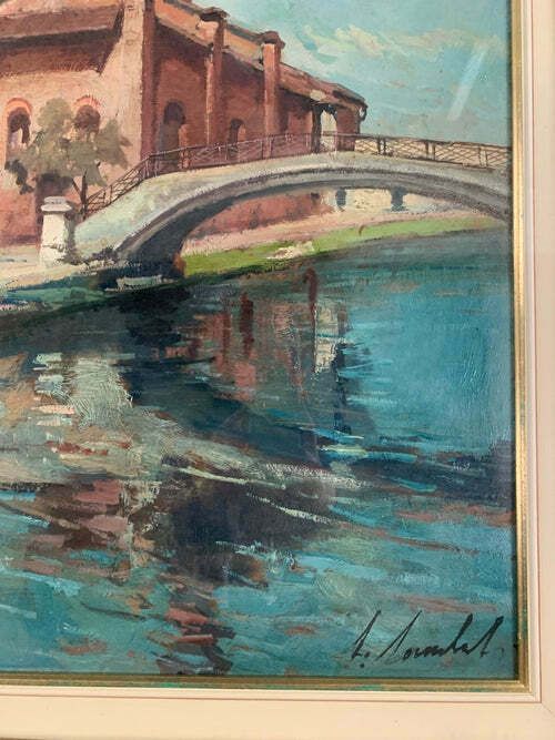Oil Painting On Canvas Of San Cristoforo In Milan By Lamberto Lamberti, 1950s photo furniture