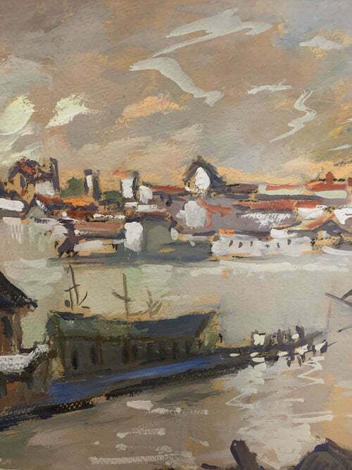 Oil Painting On Canvas Of Sunset Landscape By Ok From The 1950s photo 356.25