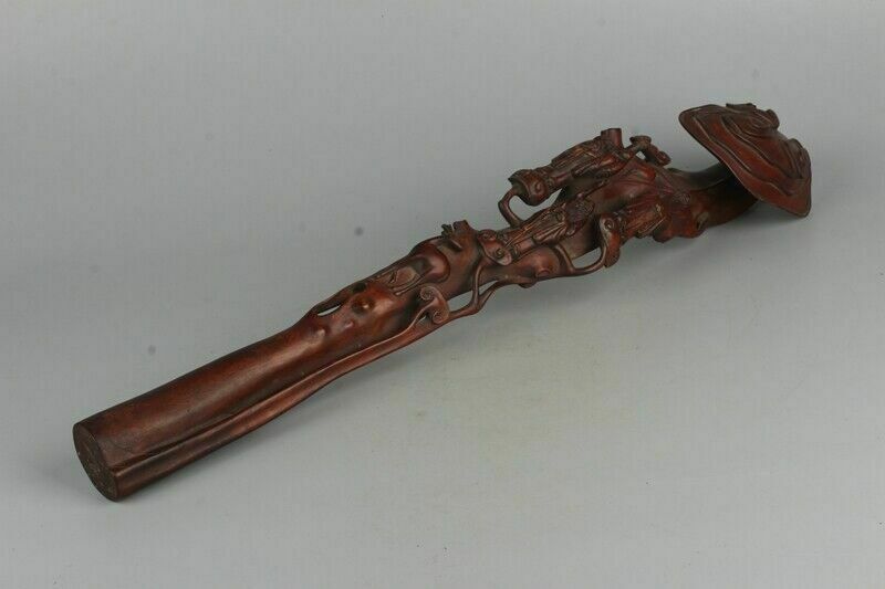 Vintage Boxwood "Ruyi" Carved With Three Old Men With A Kid And A Deer