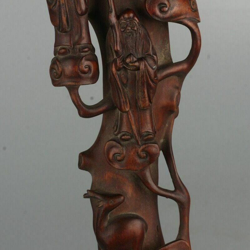 Vintage Boxwood "Ruyi" Carved With Three Old Men With A Kid And A Deer photo vinterior