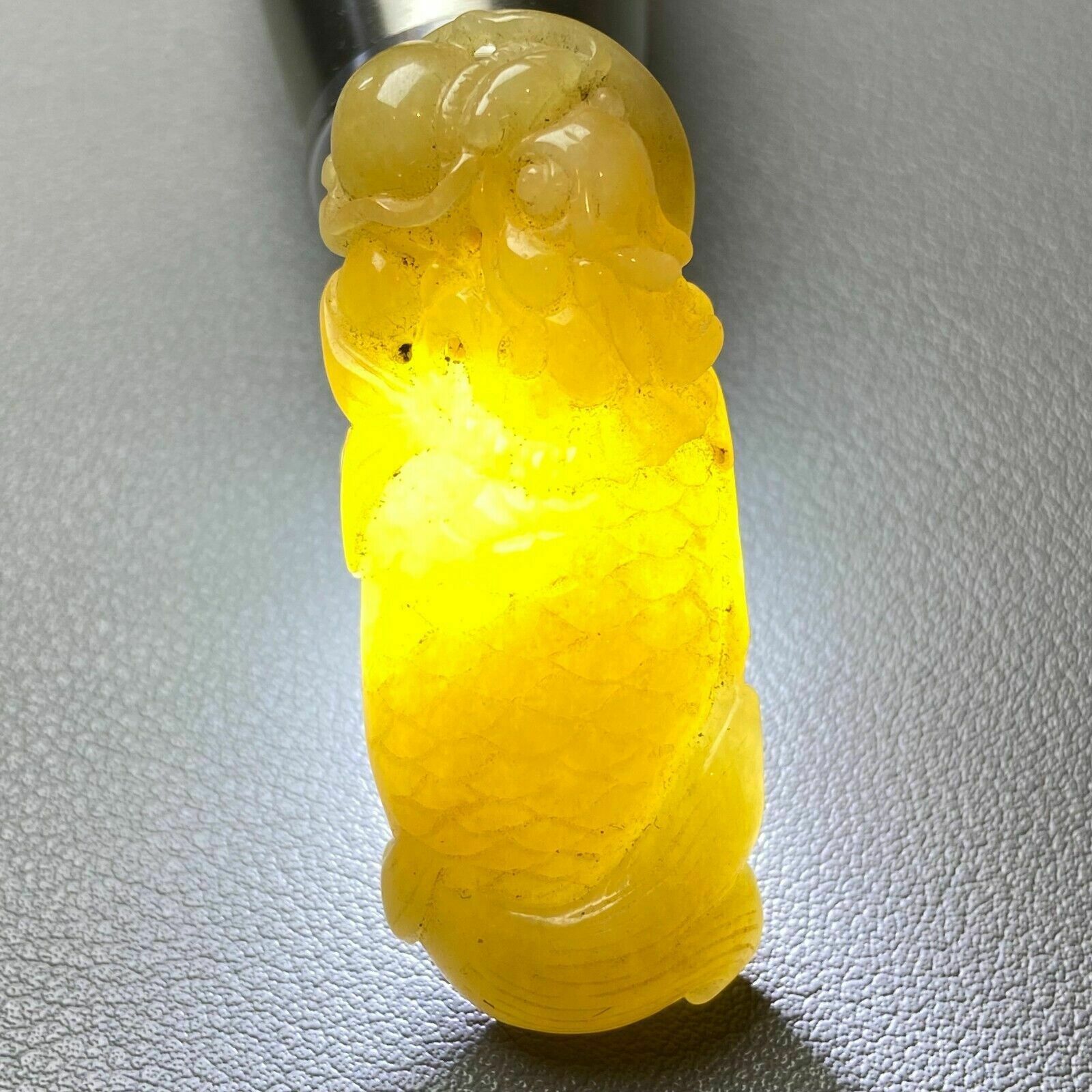 Antique Chinese Grade A Yellow Jadeite Jade Statue Caved Dragon Fish photo buy