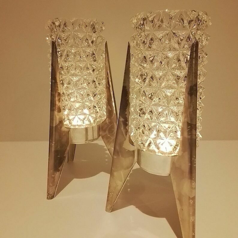 Vintage Quist Glass And Metal Stamped Candlestick Holders, Tealigh Holders, Pair Of Glass Candlesticks 23/246