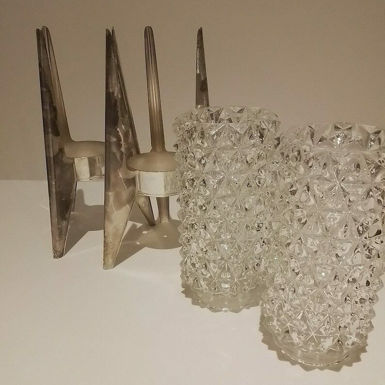 Vintage Quist Glass And Metal Stamped Candlestick Holders, Tealigh Holders, Pair Of Glass Candlesticks 23/246 photo 170.0
