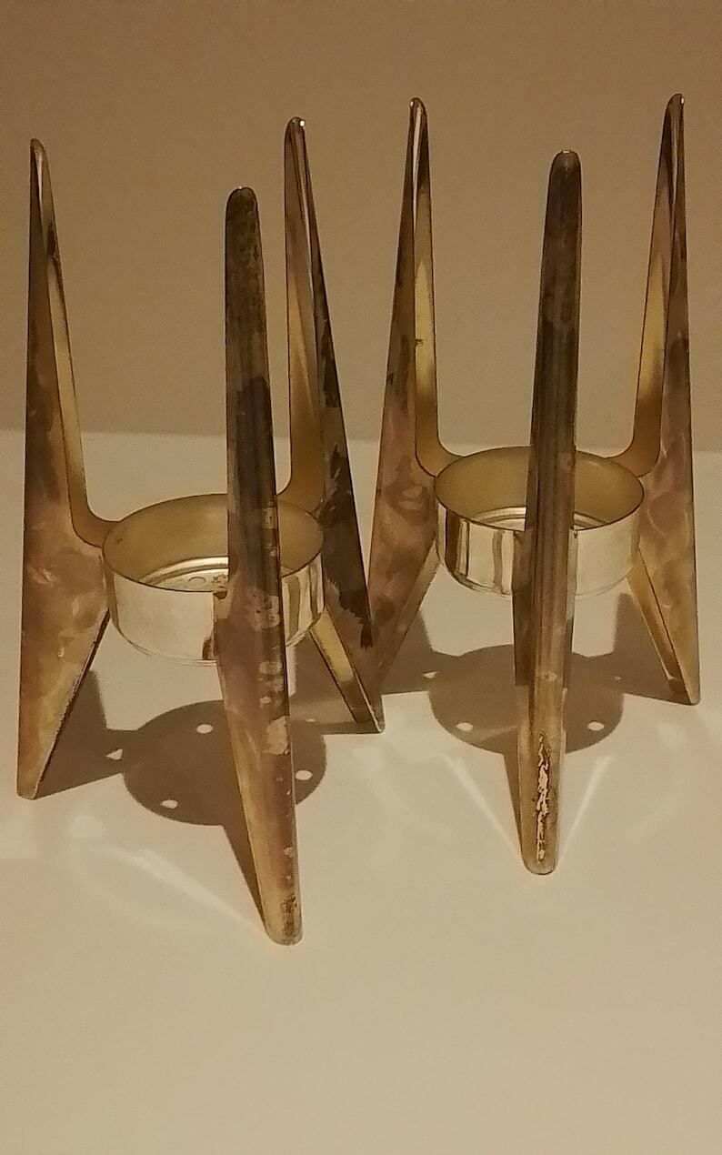 Vintage Quist Glass And Metal Stamped Candlestick Holders, Tealigh Holders, Pair Of Glass Candlesticks 23/246 photo buy
