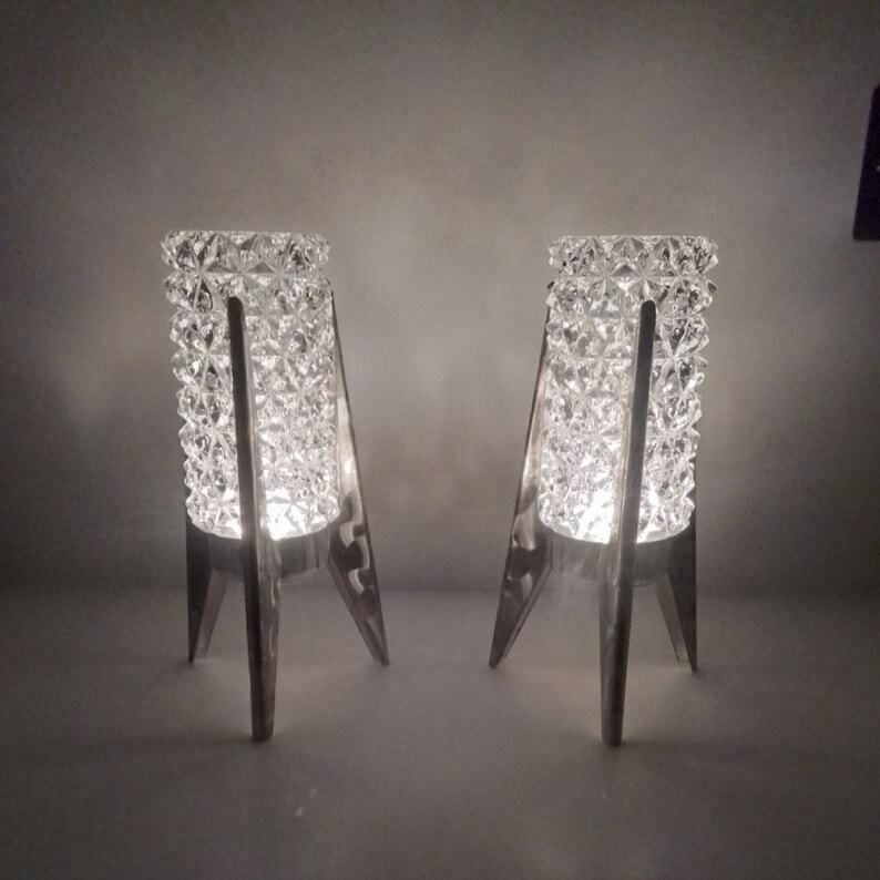 photo for sale Vintage Quist Glass And Metal Stamped Candlestick Holders, Tealigh Holders, Pair Of Glass Candlesticks 23/246
