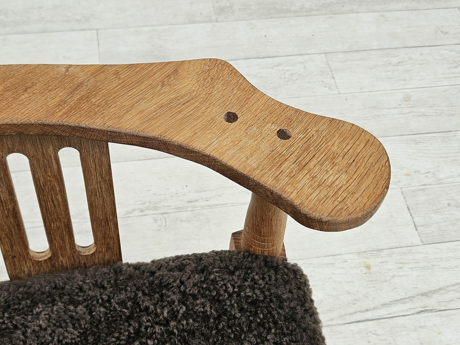 photo buy 1950s, Danish Design, Reupholstered Armchair, New Zealand Sheepskin, Oak Wood.