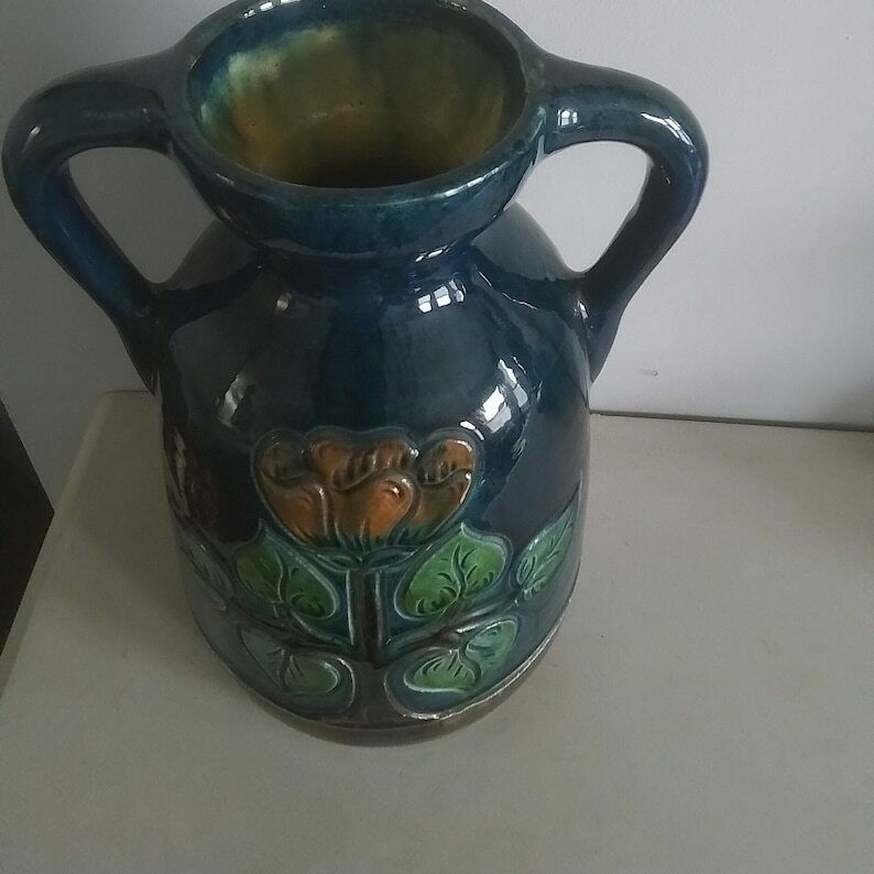 Vintage Large Blue With Flieal Motif Glazed Belgium Ceramic Vase 23/215 photo for sale