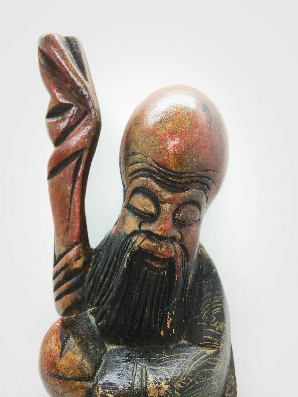 Antique Chinese/Oriental Copper Red With Black Lacquered And Gilt Root Wood Wise photo for sale
