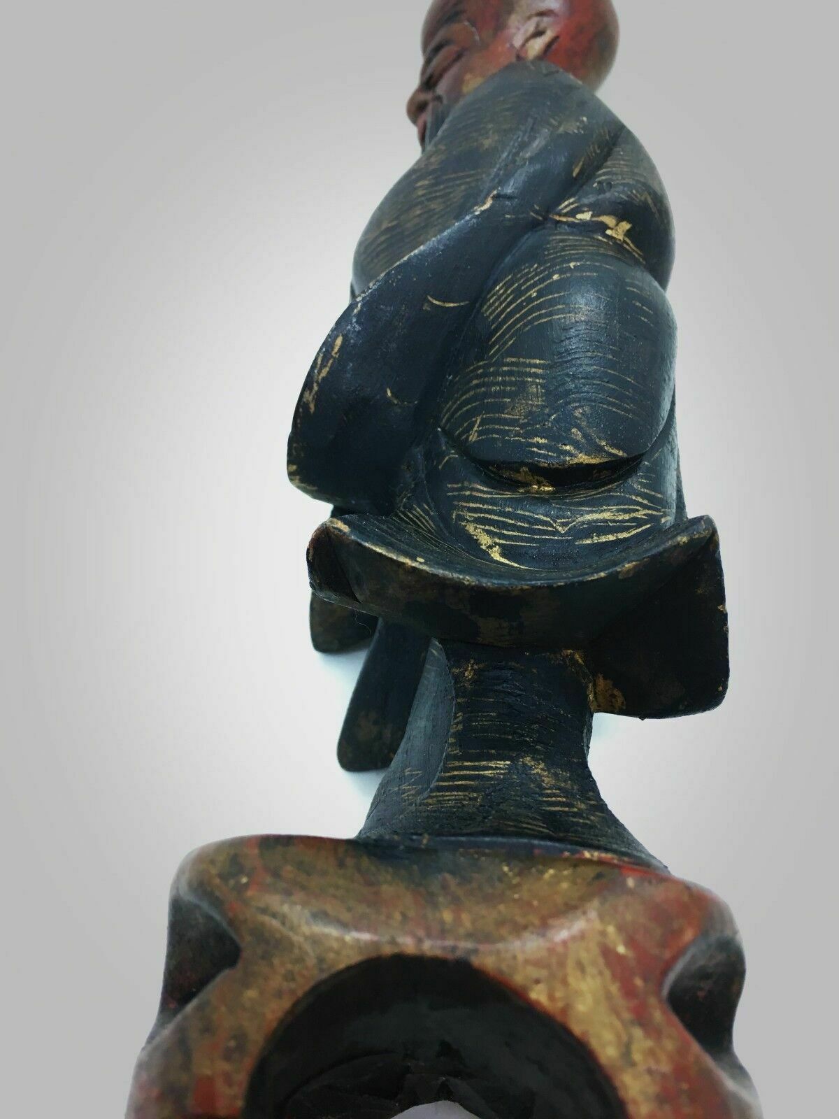 Antique Chinese/Oriental Copper Red With Black Lacquered And Gilt Root Wood Wise photo vinterior
