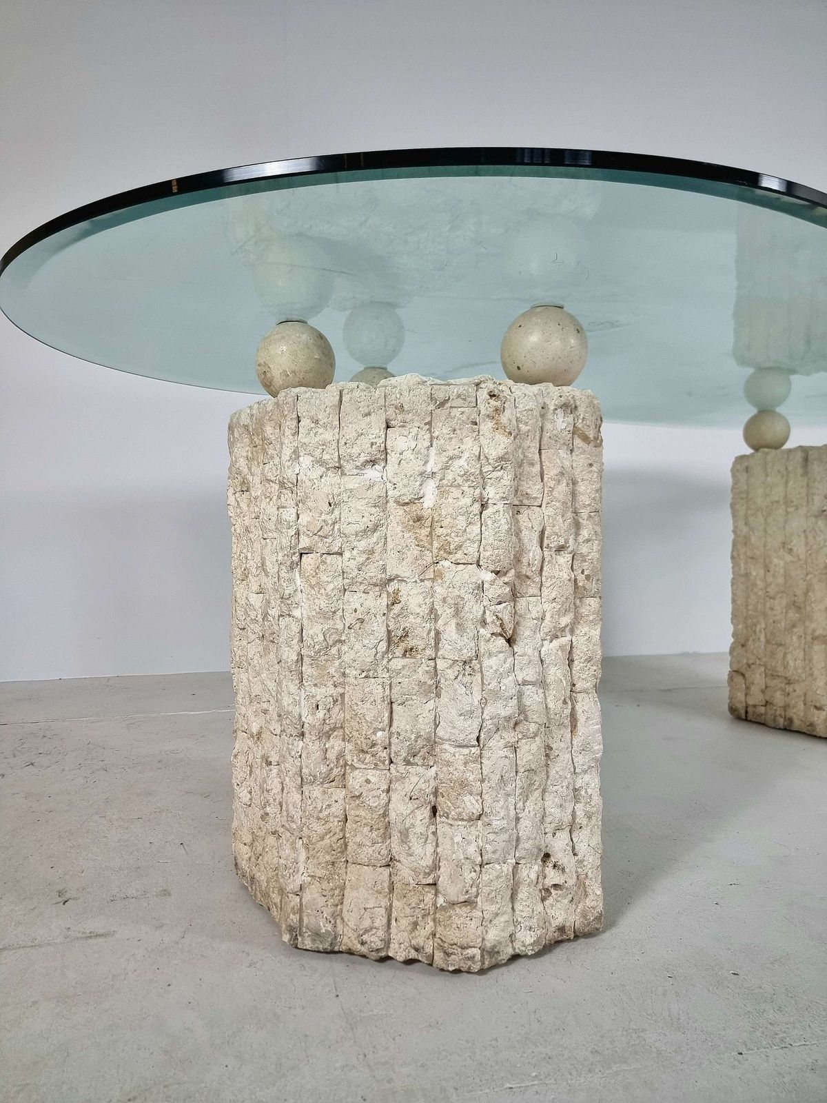 1980s Natural Mactan Stone Dining Table With Glass Top photo vinterior