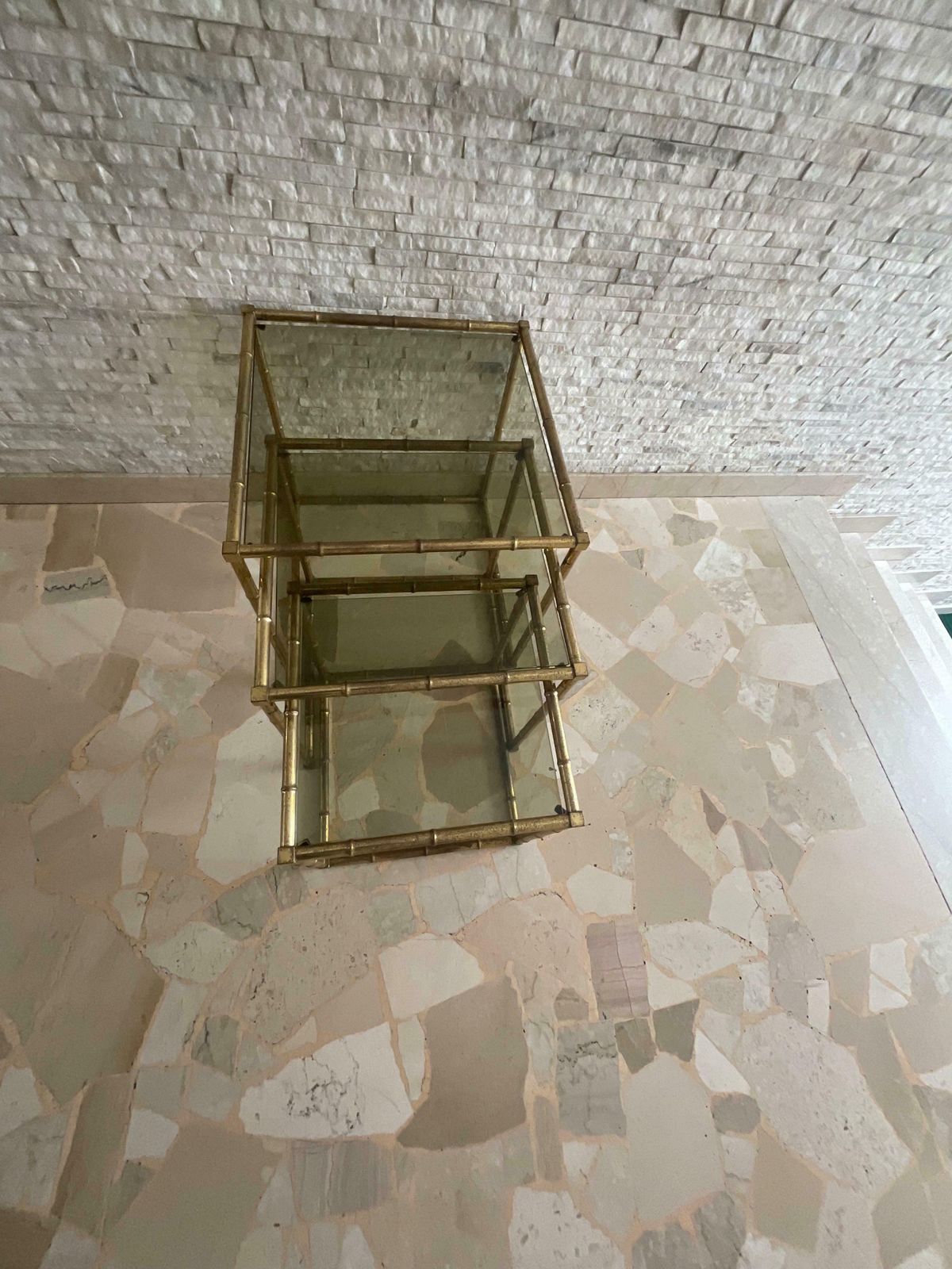 photo for sale Set Of 3 Interlocking Brass And Glass Coffee Tables 1960s