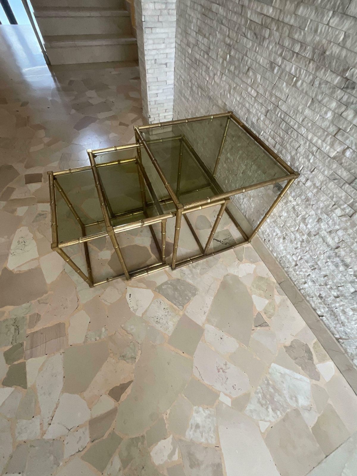 Furniture Set Of 3 Interlocking Brass And Glass Coffee Tables 1960s photo