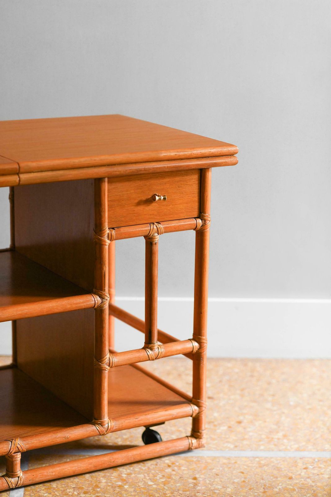 1970s Mcguire Cart Server Buffet In Rattan With Extendable Wooden Top And Wheels photo furniture