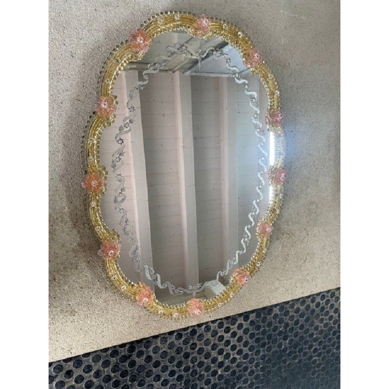 2000s Venetian Oval Gold And Pink Floreal Hand Carving Mirror In Murano Glass Style photo vinterior