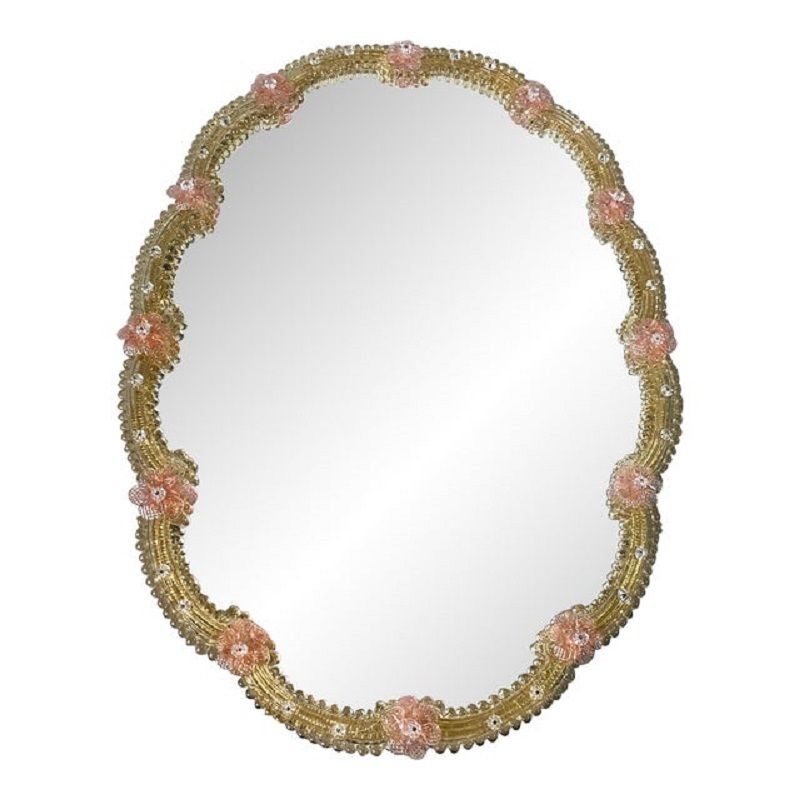2000s Venetian Oval Gold And Pink Floreal Hand Carving Mirror In Murano Glass Style