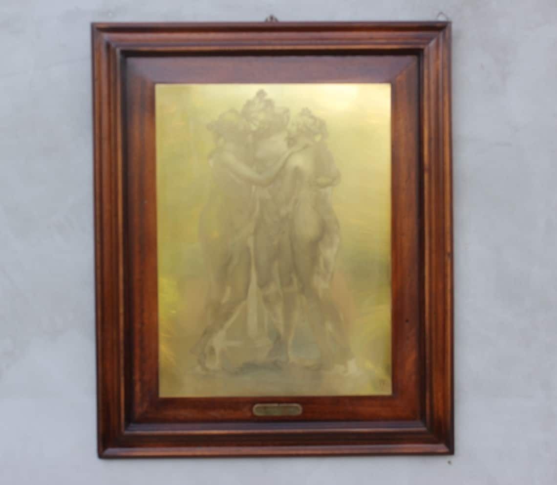 The Three Graces Vintage Dry Point Etching On Metal Plate, Framed Metal Lithography Art photo buy