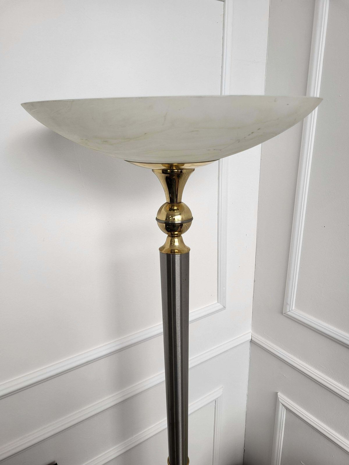 Italian Art Deco Midcentury Hollywood Regency Brass Glass Floor Lamp photo for sale