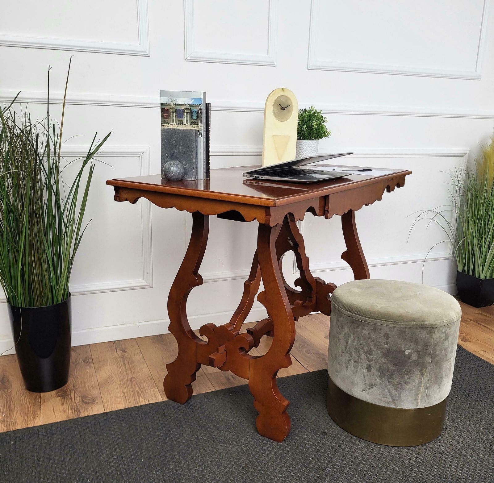 Italian Walnut Baroque Style Lyre Leg Trestle Refectory Desk Writing Table photo Furniture