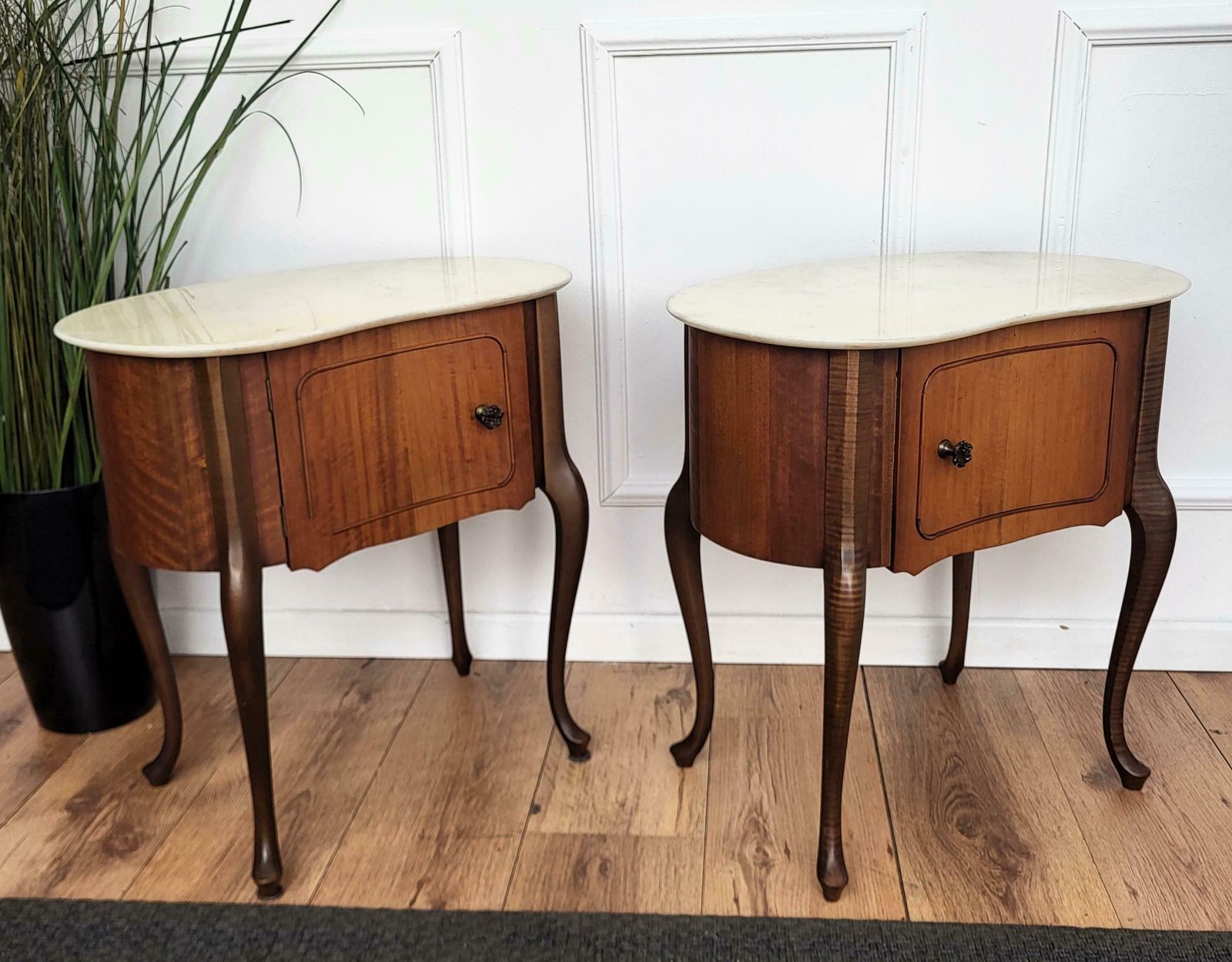 Pair Of Italian Art Deco Kidney Shaped Night Stands Bedside Tables Marble Top photo vintage